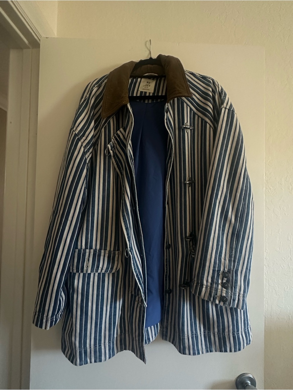 We The Free Blue & White Striped Trench Coat with Brown Collar